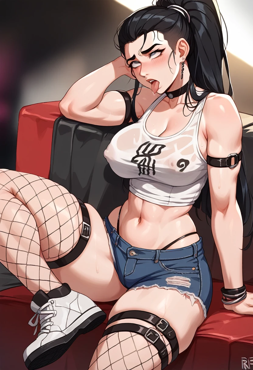 Young  girl,with a very beautiful appearance,Medium breasts,beautiful physique,black hair tied into a high ponytail with a black elastic band,white eyes,With a rude look,dressed in a sexy top with erect nipples, short denim shorts,sexy fishnet stockings and thigh straps, White sneakers,black choker on the neck, posing lewdly,Makes Achegao, is in a strip club