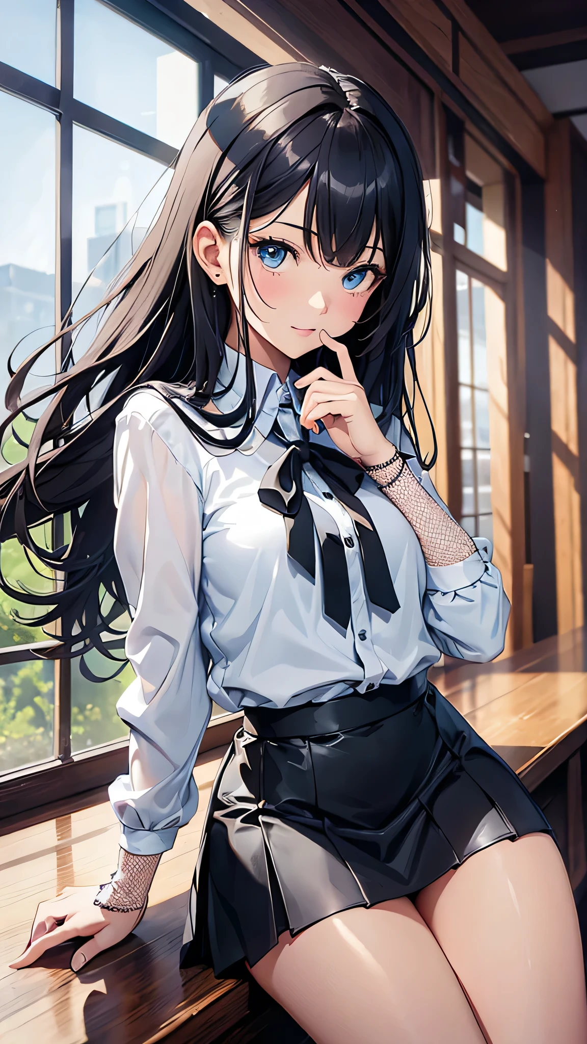 absurdres, RAW photo, extremely delicate and beautiful, masterpiece, Best Quality, ultra high resolution, 32k, hyperrealistic, ultra-detailed, delicate facial features, tearful mole, earring, very huge round breasts, medium hair, asymmetrical hair, whole body shot, indoor, short skirt, (school_uniform:1.2)
