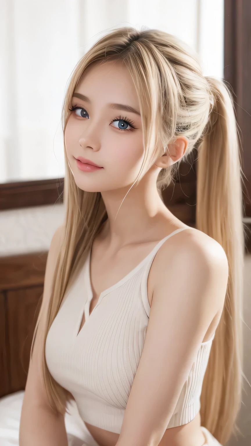 Portrait、、Bright expression、ponytail、Young, lustrous, glowing, white skin、Cheek highlight、The best beauty、Clear, silky blonde hair with dazzling highlights、Shiny bright hair,、Super long silky straight hair、Shiny beautiful bangs、Big bright blue eyes like sparkling jewels、Very beautiful lovely cute 16 year old girl、Ample Bust