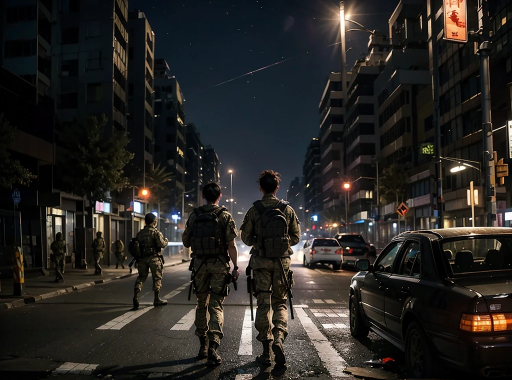 Night，Abandoned building，zebra crossing，Several special forces soldiers opened fire with their backs to the audience.