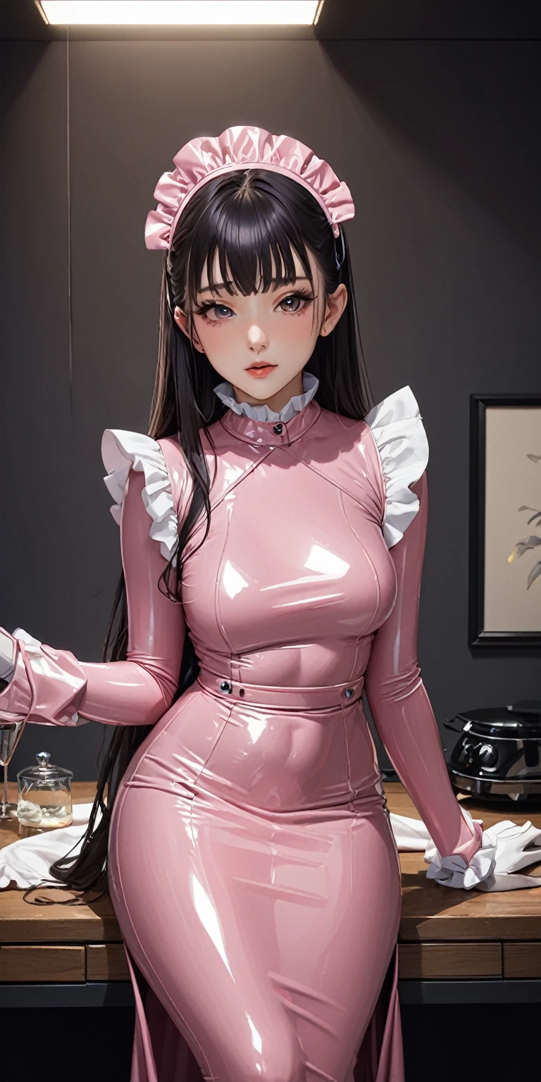(masterpiece,Highest quality,超A high resolution),Japanese women, (((Very beautiful 25 year old girl))),(Light pink latex maid outfit)、(Light pink latex long skirt)、(Light pink latex long sleeve shirt)、light pink latex long gloves、Light pink latex socks、The clothes fit snugly to the body、Latex is very shiny、Dark Room