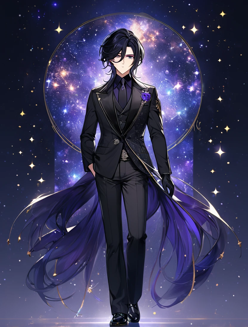 (black_hair), (long_male_hair), (deep_purple_eyes), (detailed_eyes), (attractive), (emotionless), (Deep_space_background), (male), (wearing _a_black_suit),(wears_black_pants), (black_leather_shoes), (black_tight_gloves), (long_male_hair), (detailed_Hair), (detailed), (detailed_mouth), (mysterious), (complicated), (full_body_image)