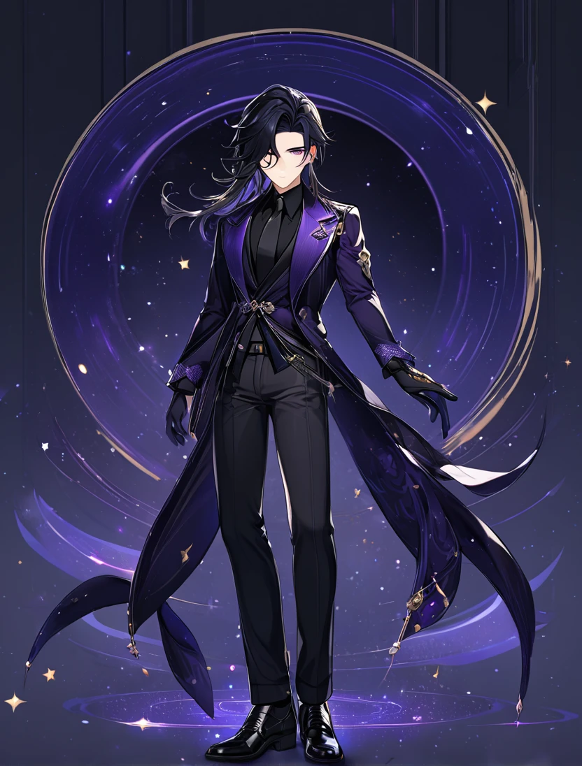 (black_hair), (long_male_hair), (deep_purple_eyes), (detailed_eyes), (attractive), (emotionless), (Deep_space_background), (male), (wearing _a_black_suit),(wears_black_pants), (black_leather_shoes), (black_tight_gloves), (long_male_hair), (detailed_Hair), (detailed), (detailed_mouth), (mysterious), (complicated), (full_body_image)