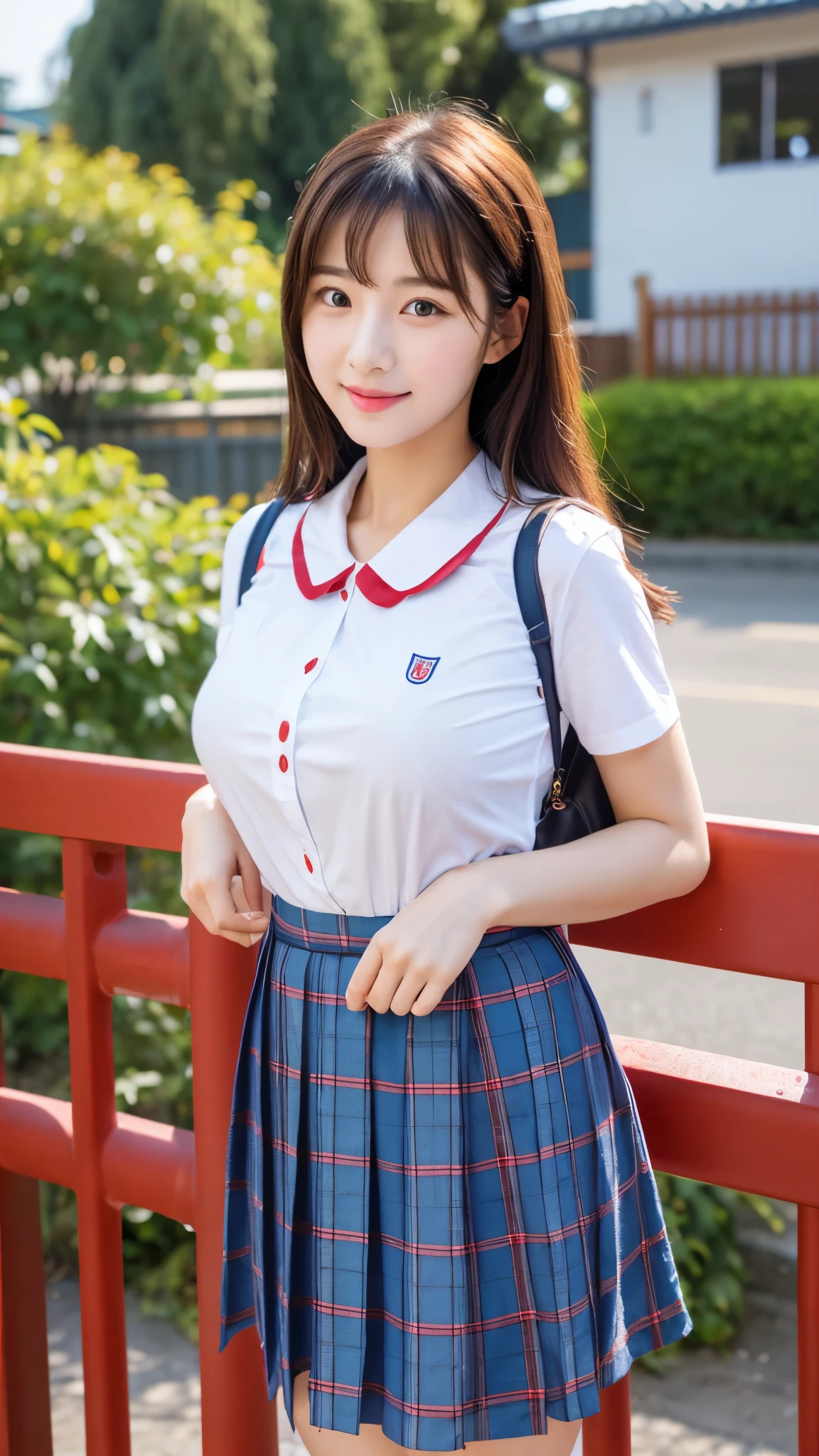 close-up of beautiful korean female, 34 inch breasts size, wearing kindergarten teacher uniform, in front of the kindergarten school gate, UHD