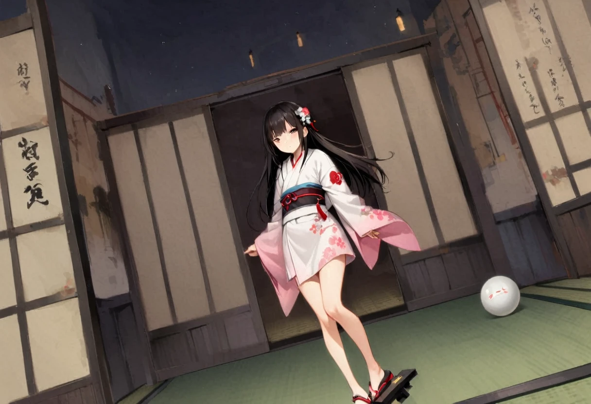 looking back at viewer、Zashiki-warashi、Japanese style、Shoji screen、tatami、Haunted House、darkness、Late Night、kimono、Bob、Girl、Girl、Younger、Baby Face、flat chest、Black Long Hair、Dynamic Angle、A faint smile、Squinting、ball、Flower Hair Ornaments、Geta or bare feet