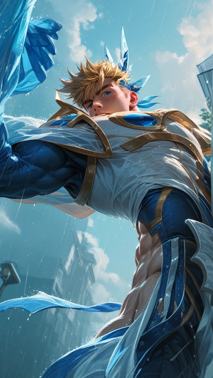 8k,score_9,score_8_up,score_7_up, yaoi, 1boys,gay, detailed, very short hair, blonde hair, freckles, blue eyes, freckles, freckles on body, muscle wide shoulders, muscle pecs, abs, vascular biceps and triceps,flanel shirt, cute, blondlust, boyish face, cute face,above perspective, looking at viewer, rain, cloudy sky, rain street