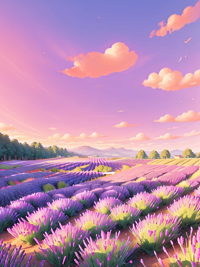 a deep purple lavender land, highly detailed scenery view with sunset vibes, lavender field with shining sun rays, ultra detailed vibrant Ghibli studio colors, Ghibli studio aesthetic vibes