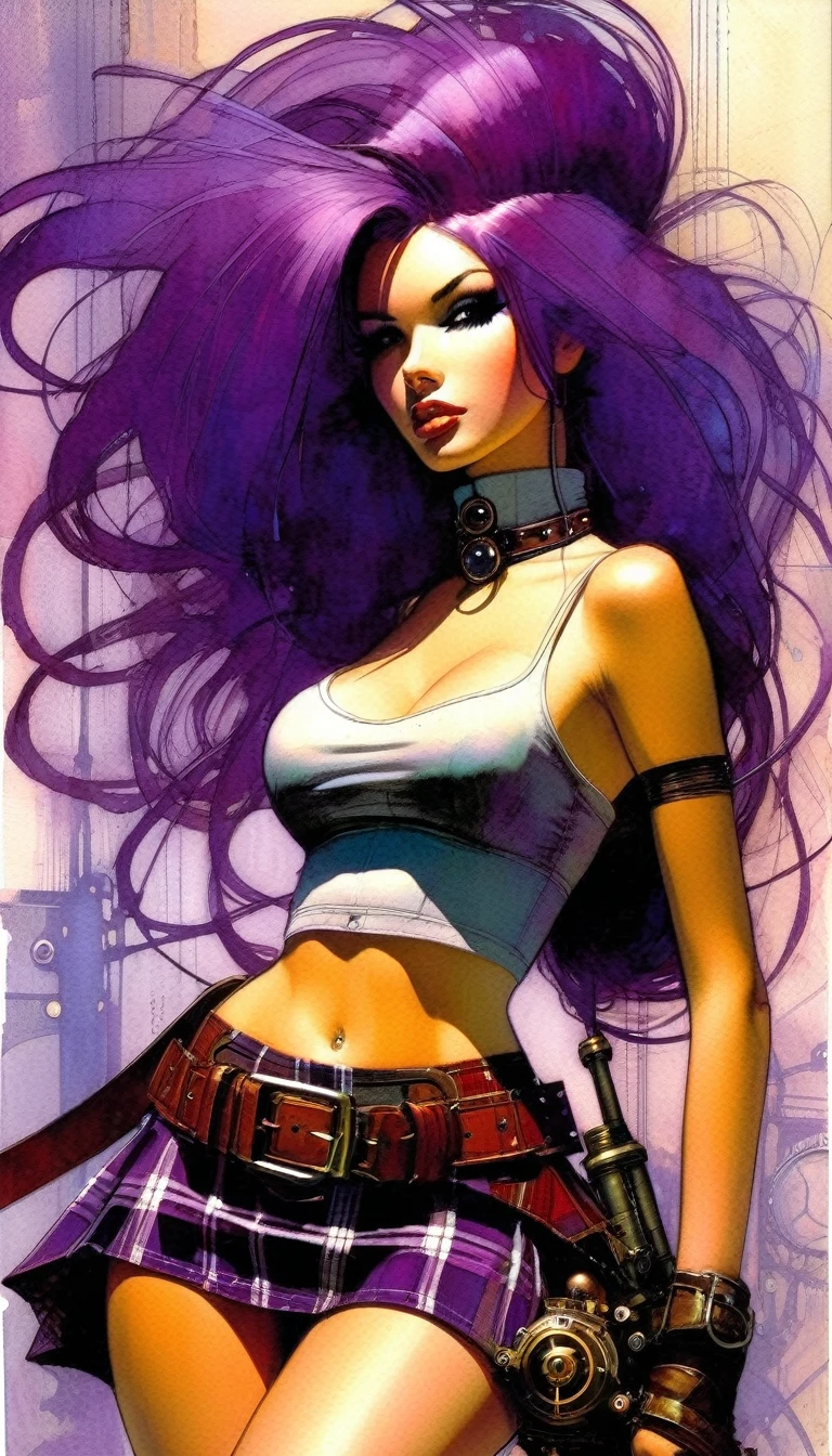 steampunk world. 1.5, Sexy girl, long purple hair, plaid miniskirt, belt rope, small breasts, tight tank top, art inspired by Bill Sienkiewicz