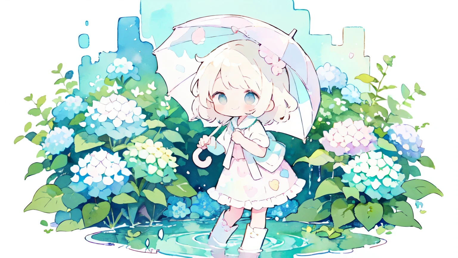 (pastel color:1.5), (Cute illustrations:1.5), (watercolor drawing:1.2), Translucent umbrella, Hydrangea, watercolor drawing, pale color, Have a transparent umbrella, Light beige hair, Wavy hair, short hair, white frill shirt, ribbon, ribbon on chest, AmiAmi, smile, A little bit of a stretch, Painting of Kicking a Puddle, whole body, skirt, red skirt, transparent watercolor, watercolor illustration, morning dew, Shine, Small dew, Hydrangea is blooming, Written boundary depth, Deep, road, Hydrangea blooming in foreground, Light purple Hydrangea, morning, Fantasy, Gemstone Eyes, beautiful, (watercolor illustration: 1.2), watercolor, mist, delayed, very beautiful Fantasy, watercolor, high quality, Landscape, Water Play, Boots

