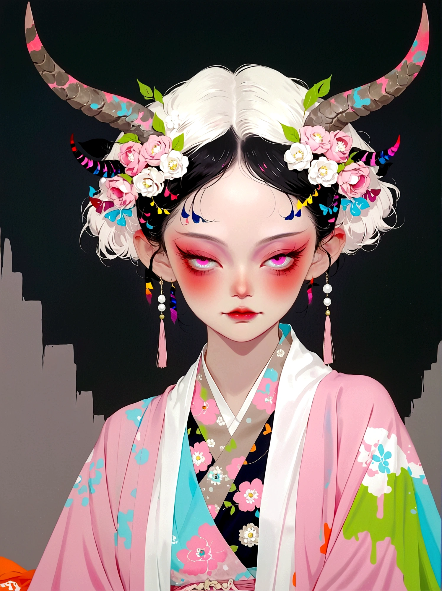 Girl with pink horns on her head,Pink eyes,Phosphor,Neat short hair,Japanese clothing,Japanese horror style Japanese pop surrealism, Correct human anatomy