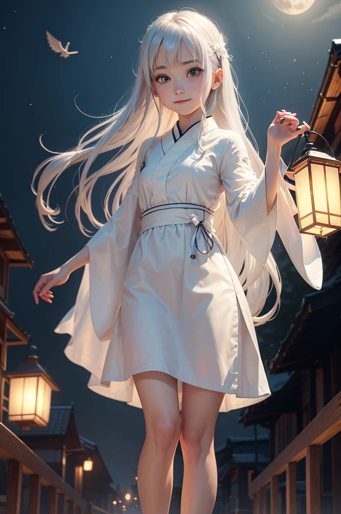 1girl, ghost girl, silver hair, white eyes, white skin, smile, long hair, flies, levitates in the air, white sheet, white cape, ghost, ghostly, translucent, holds a lantern, japanese lantern, holds a cup, tea, glass cup, glass teapot, tea, night, the moon, objects are flying