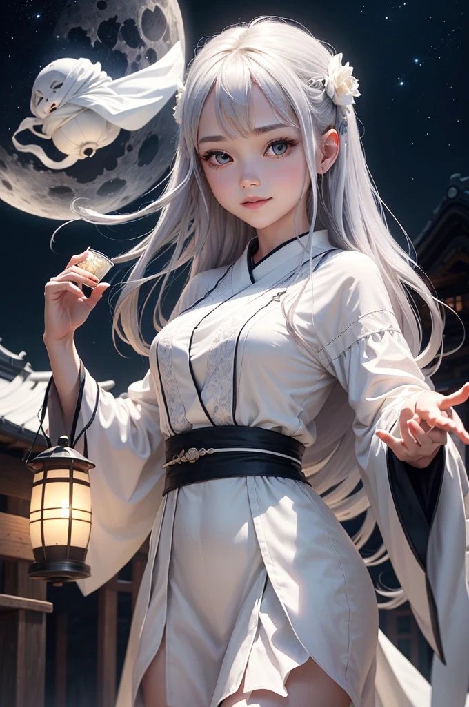 1girl, ghost girl, silver hair, white eyes, white skin, smile, long hair, flies, levitates in the air, white sheet, white cape, ghost, ghostly, translucent, holds a lantern, japanese lantern, holds a cup, tea, glass cup, glass teapot, tea, night, the moon, objects are flying