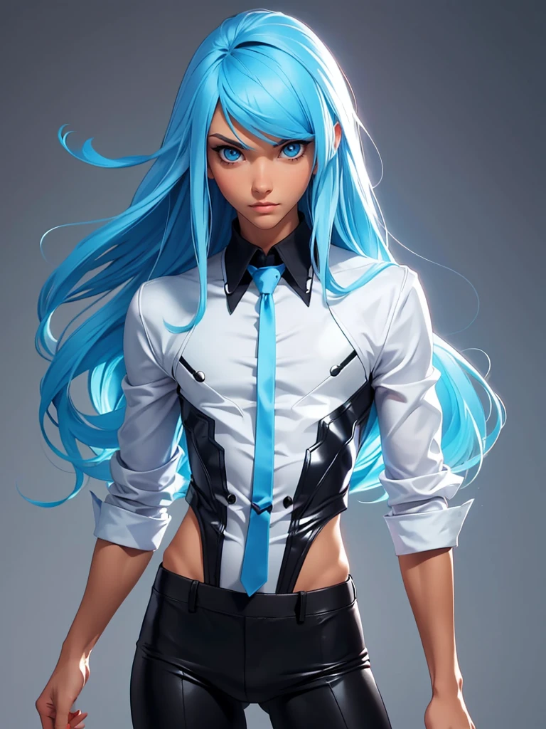 (best quality), 1boy, tanned skin, blue hair, long hair, side bangs, beautiful hairstyle, blue eyes, perfect eyes, femboy, slender, handsome, attractive, fully clothed, skinny body, flat chest, crossdresser, cute clothes, masterpiece, anatomically correct, highres