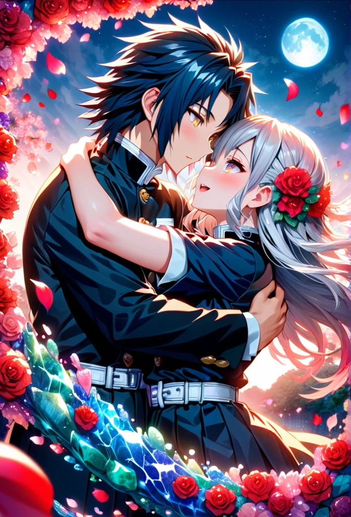 Ultra detailed, highres, absurdres, HDR, master piece, anime girl, pretty woman with white long hair with red streaks, girl with yellow eyes, black demon slayer uniform, Kimetsu No Yaiba, fantasy, petals, red flowers, pretty, Tomioka Giyu, Water Hashira huging, romance, magic, moon, best quality, extremely detailed face, love, passion, romance, anime, they are realy in love, love hug