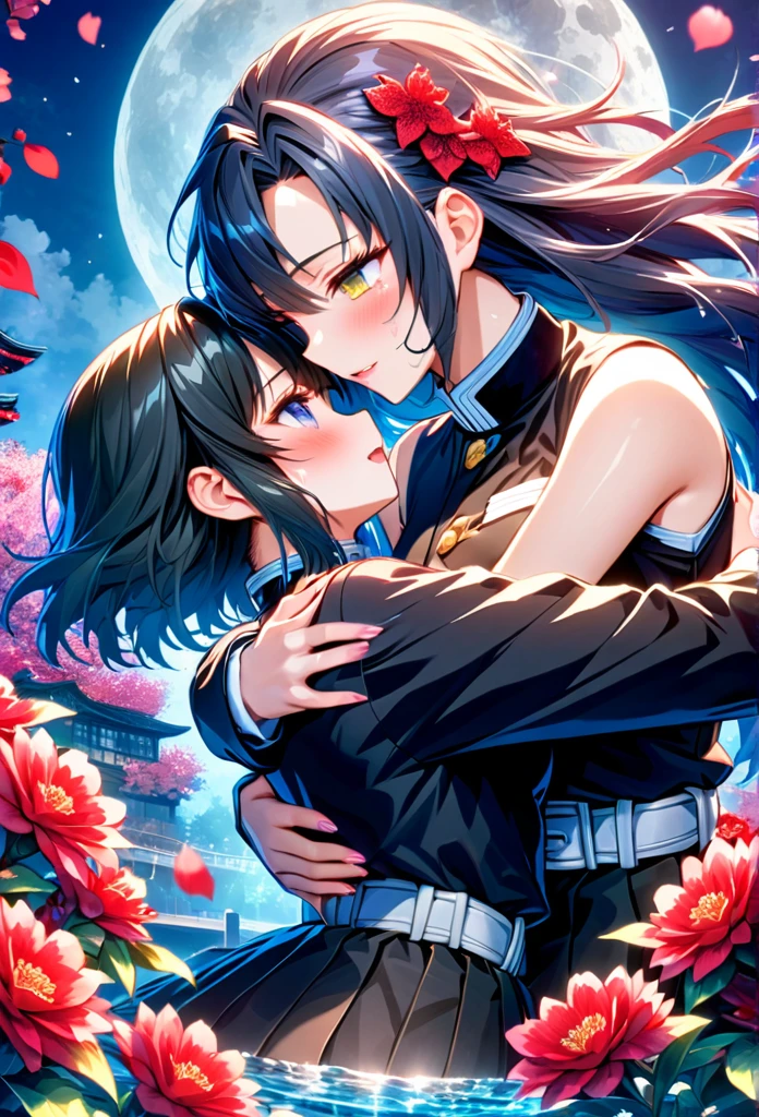 Ultra detailed, highres, absurdres, HDR, master piece, anime girl, pretty woman with white long hair with red streaks, girl with yellow eyes, black demon slayer uniform, Kimetsu No Yaiba, fantasy, petals, red flowers, pretty, Tomioka Giyu, Water Hashira huging, romance, magic, moon, best quality, extremely detailed face, love, passion, romance, anime, they are realy in love, love hug