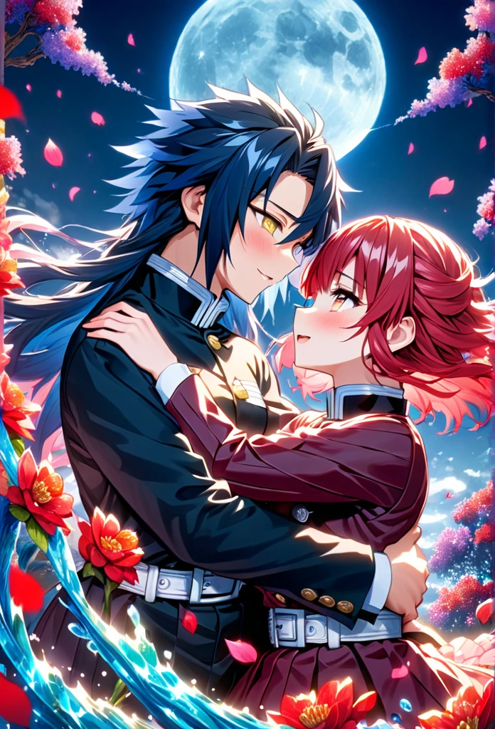 Ultra detailed, highres, absurdres, HDR, master piece, anime girl, pretty woman with white long hair with red streaks, girl with yellow eyes, black demon slayer uniform, Kimetsu No Yaiba, fantasy, petals, red flowers, pretty, Tomioka Giyu, Water Hashira huging, romance, magic, moon, best quality, extremely detailed face, love, passion, romance, anime, they are realy in love, love hug