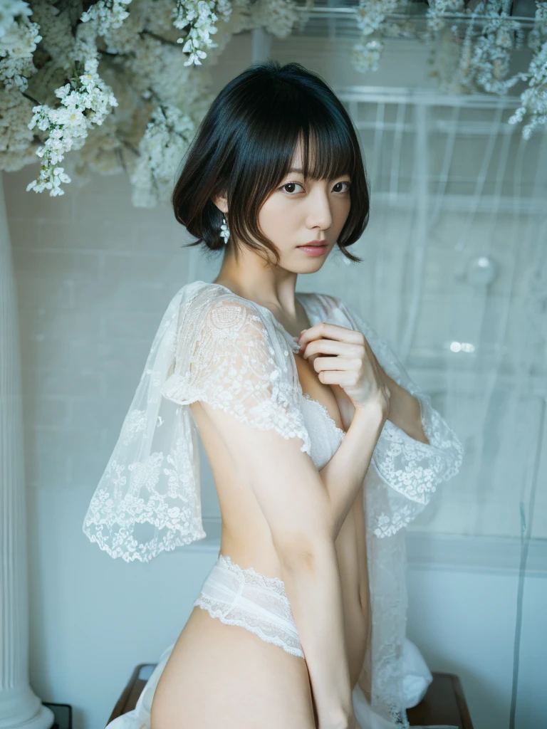 ((Highest quality)), ((masterpiece)), (detailed), (NSFW:1.3), Kana Hanazawa in see-through white lingerie, Beautiful breasts,