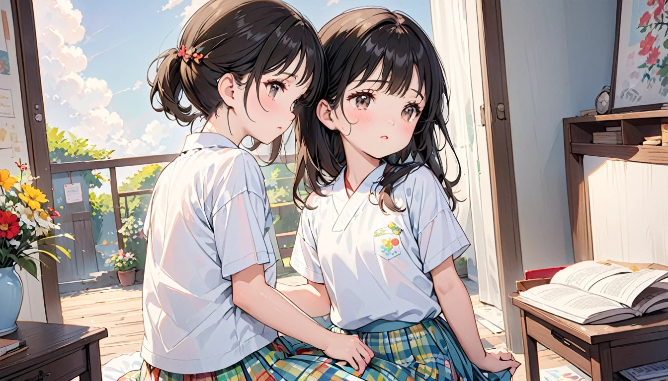 (child)，highest quality，Beautiful face in every detail，cute，Dark brown eyes，(背の低いcute女の子，Small young student，Young delicate girl）,（masterpiece，Top quality)，Black Hair，Sleepy expression，Short sleeve white shirt，Colorful checked skirt