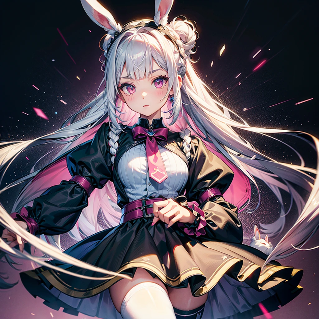 Focus on the face、Handsome face、Dynamic configuration、((Perspective Lens, Woman with long milky white hair, Dynamic pose with a calm expression, Holding something large with both hands, Stuffed rabbit )) ((純粋な黒色のbackground:1.2)),Anime Style、detailedな目、Early 20s,Shooting on the move,Her long braided hair sways. Her outfit is reminiscent of Gothic ta,Black and pink color palette,Playful.,Neon color line fractal art、Super huge、whole body、detailed、Cowboy Shot、Alice in Wonderland、Trump、background|Distorted Clock:1.5、Fantasy、Absurd、