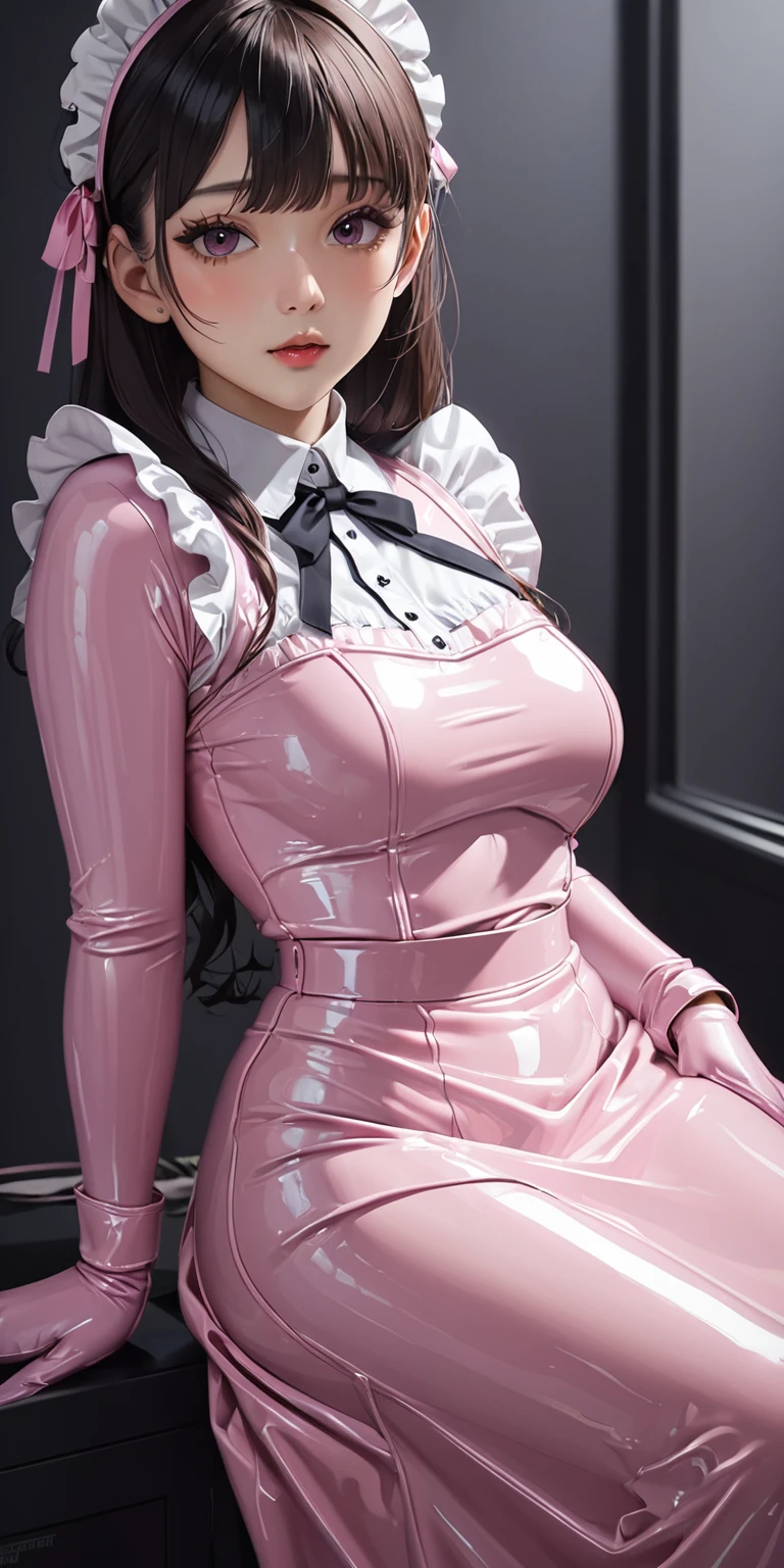 Portraiture、(masterpiece,Highest quality,Ultra-high resolution),Japanese women, (((Very beautiful 25 year old girl))),(Pale pink latex maid outfit)、(Pale pink latex long skirt)、(A long-sleeved latex shirt that covers the upper body)、Pale pink latex gloves、Pale pink latex socks、Pale pink latex bodysuit、Frills、The clothes fit snugly to the body、Latex is very shiny、Dark Room、