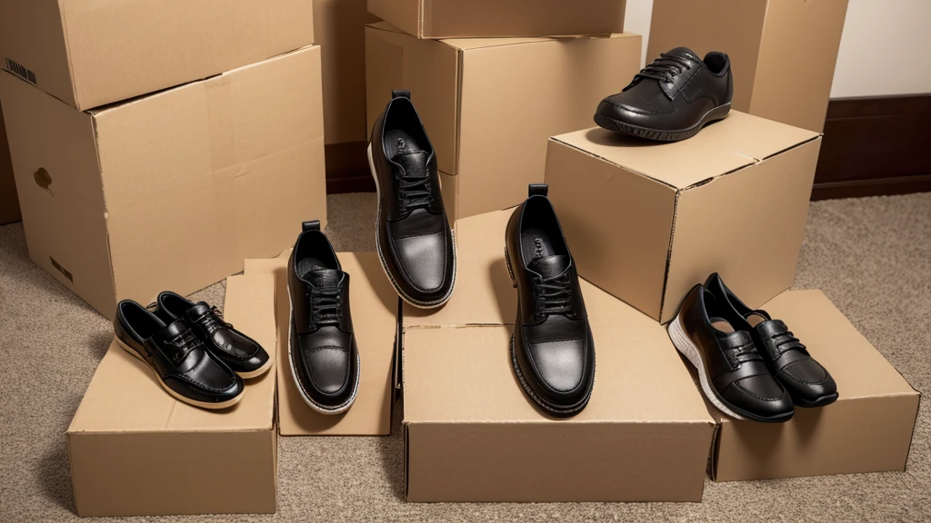 Three layers of empty shoe boxes stacked,The shape of the hill,Heap head,Two pairs of shoes on top of the shoe box,A pair of men's shoes,A pair of women's shoes,Only items,No characters,Intricate details,Shoes should be placed on the shoe box