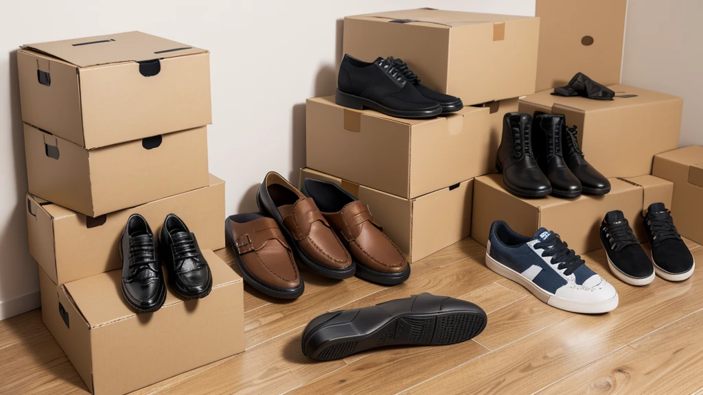 Three layers of empty shoe boxes stacked，The shape of the hill，Heap head，Two pairs of shoes on top of the shoe box，A pair of men's shoes，A pair of women's shoes，Only items，No characters，Intricate details，Shoes should be placed on the shoe box