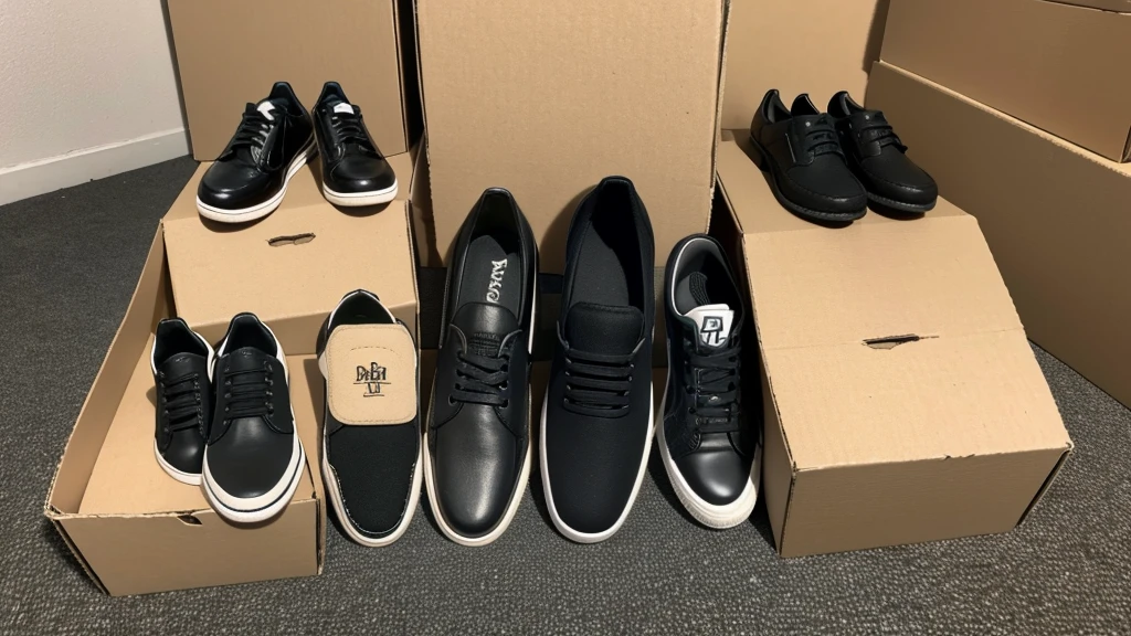 Three layers of empty shoe boxes stacked,The shape of the hill,Heap head,Two pairs of shoes on top of the shoe box,A pair of men's shoes,A pair of women's shoes,Only items,No characters,Intricate details,Shoes should be placed on the shoe box