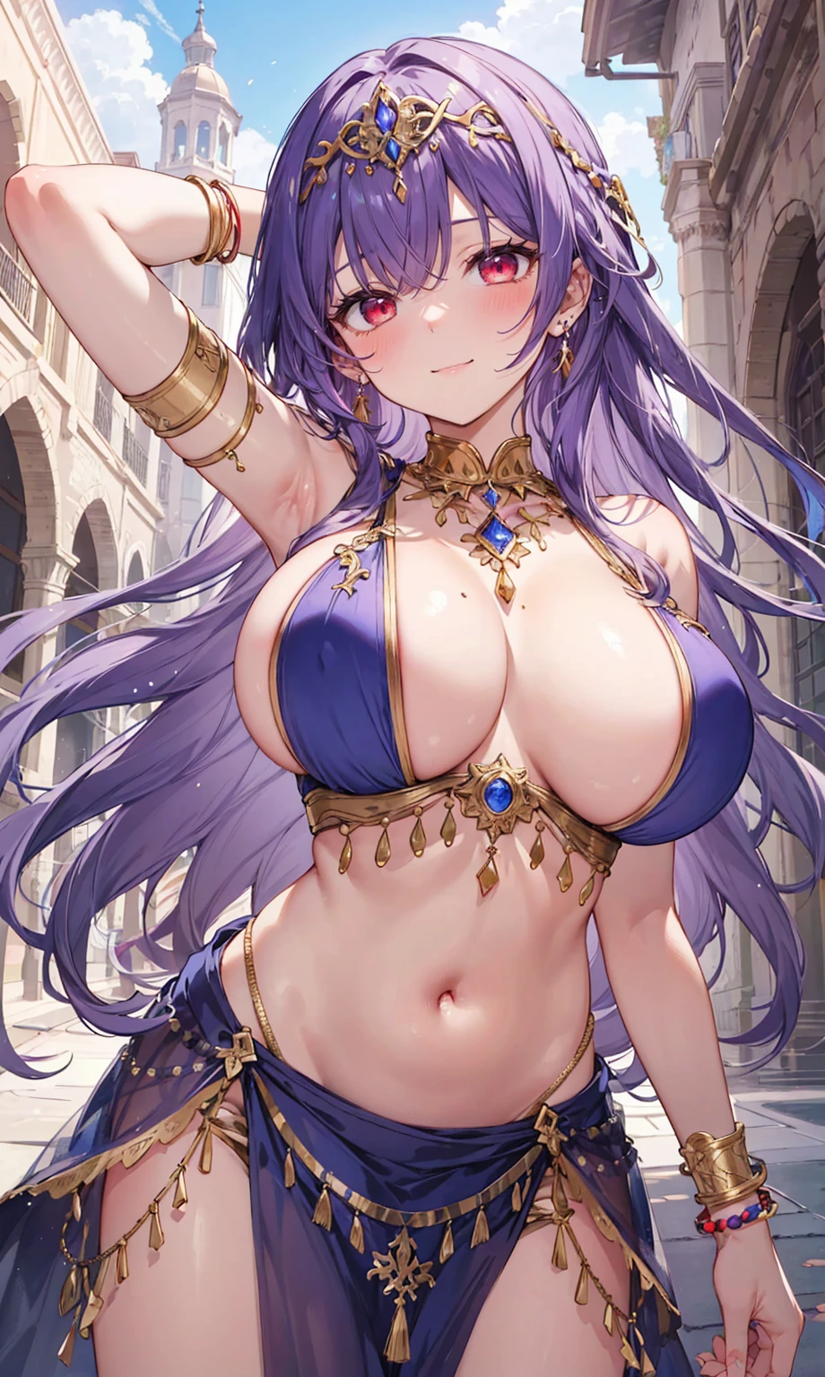 high quality, ultra detailed, best quality, insanely detailed, beautiful, masterpiece, 1girl, medieval plaza, cowboy shot, red eyes, long hair, purple hair, belly dancer, circlet, earrings, armlets, bracelets, bashful smile, large breasts, cleavage, soft stomach