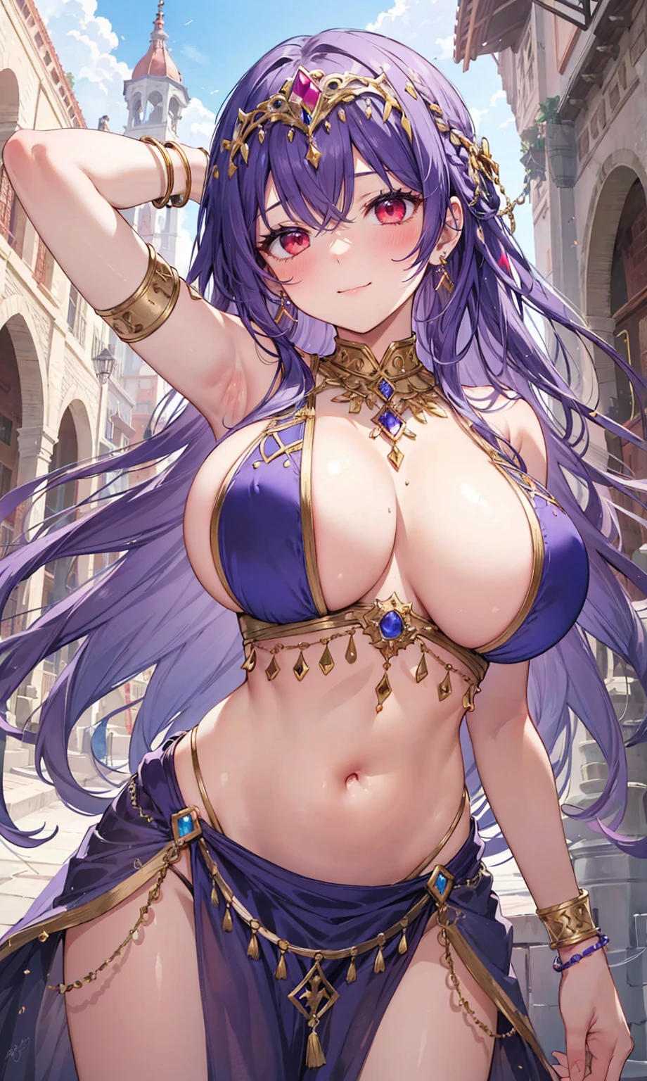 high quality, ultra detailed, best quality, insanely detailed, beautiful, masterpiece, 1girl, medieval plaza, cowboy shot, red eyes, long hair, purple hair, belly dancer, circlet, earrings, armlets, bracelets, bashful smile, large breasts, cleavage, soft stomach