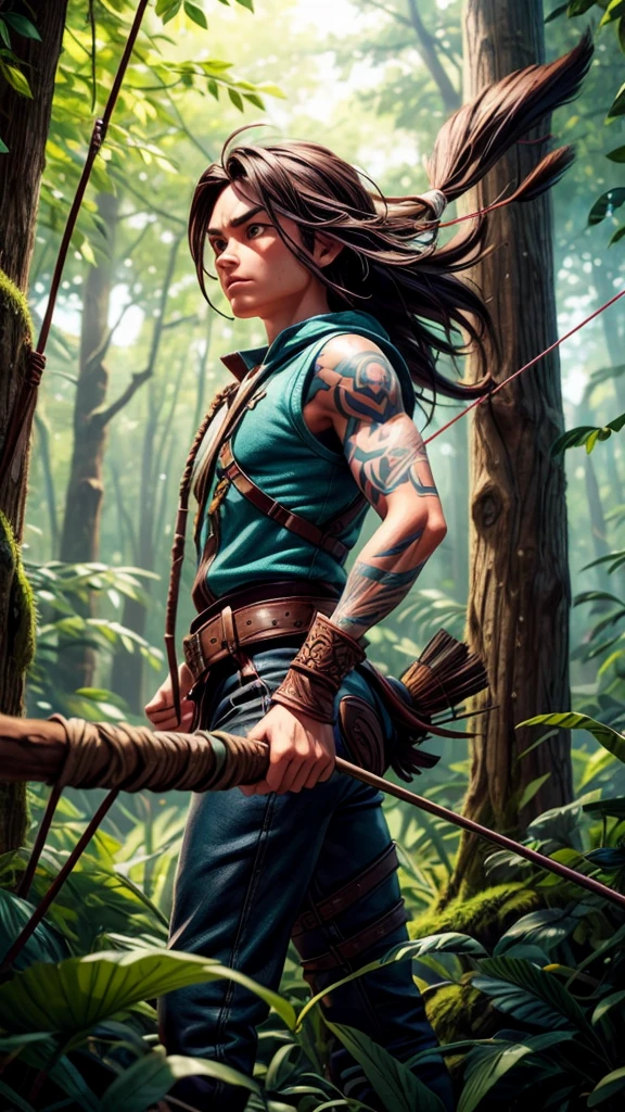 a native american archer aiming at prey, drawing back a bow and releasing an arrow, detailed portrait, hyper realistic, cinematic lighting, dramatic shadows, warm color tones, highly detailed, 8k, photorealistic, masterpiece, intricate details, chiaroscuro, dramatic composition, dynamic pose, piercing gaze, tense muscles, wind blowing hair, rugged features, tribal tattoos, leather clothing, lush forest background, nature elements, sunlight filtering through trees, depth of field