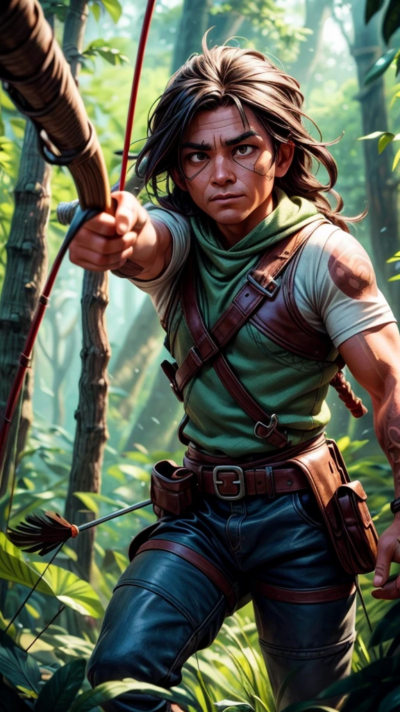 a native american archer aiming at prey, drawing back a bow and releasing an arrow, detailed portrait, hyper realistic, cinematic lighting, dramatic shadows, warm color tones, highly detailed, 8k, photorealistic, masterpiece, intricate details, chiaroscuro, dramatic composition, dynamic pose, piercing gaze, tense muscles, wind blowing hair, rugged features, tribal tattoos, leather clothing, lush forest background, nature elements, sunlight filtering through trees, depth of field