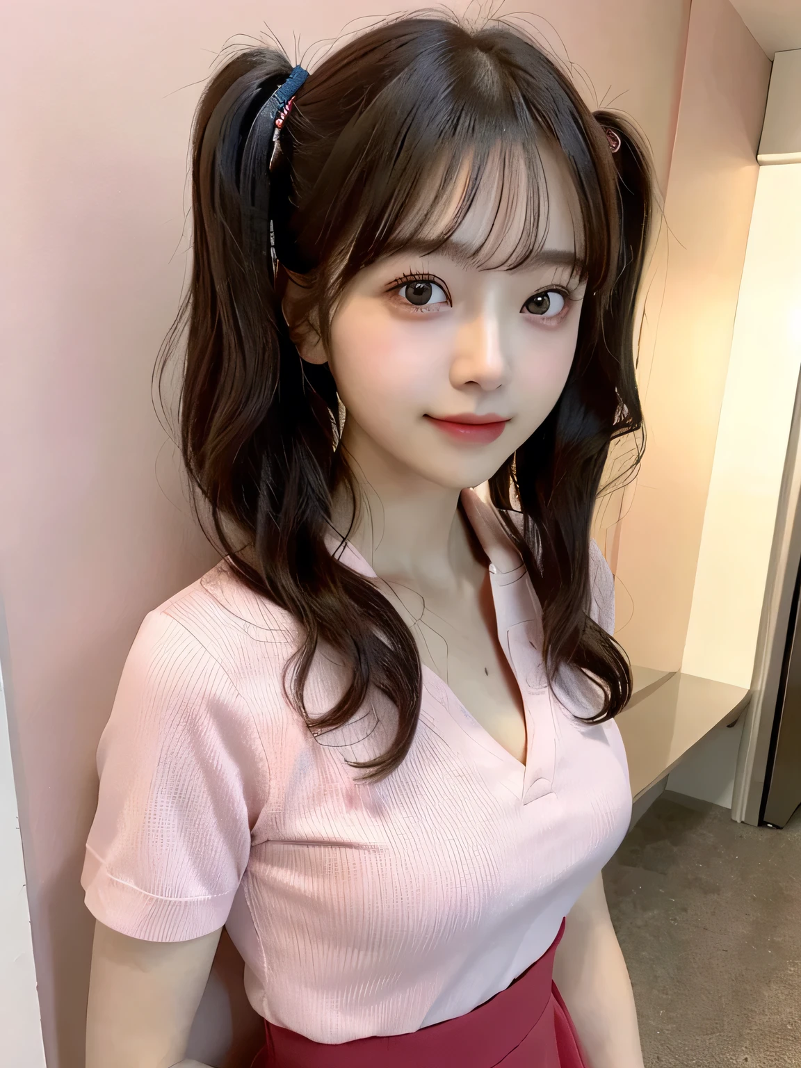 One person、14 years old、Full body photo,slender、woman、White drool coming out of the mouth、smile、、Short Twin Tails、 Fair skin, messy hair, super cute、Soft and Face、8K resolution、Surreal、Ultra high definition、 A-cup small breasts((Highest resolution、8K、masterpiece:1.3))、Ultra-fine face、Ultra Fine Lips、Beautiful Eyes、double eyelid,Pink wall、Red polo shirt、Cleavage、White Skirt、Thighs、thin,Thighsが見える、Shapely small breasts、sexy、So cute!