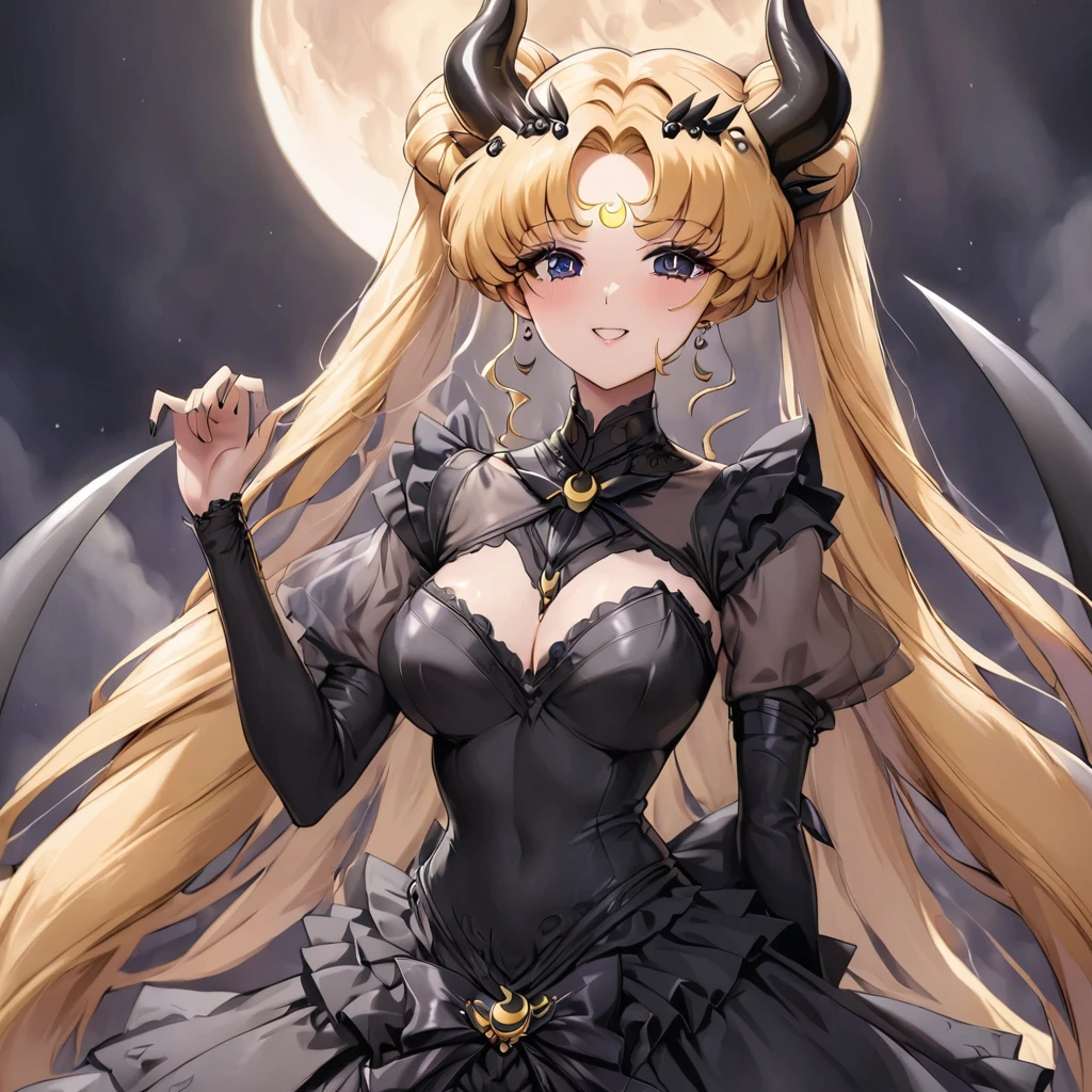 ((Highest quality)), ((masterpiece)), (detailed), (Perfect Face)、The woman is the Dark Queen of the Black Moon of the Black Moon Clan, the Demon Queen Black Serenity, and the woman is the sexy, jet-black-skinned demon princess Serenity.、The woman is a jet-black female demon with magnificent devil horns, jet-black devil wings, and a jet-black tail. Her skin is jet-black, and she has a black inverted crescent moon mark on her forehead. She is a devil bride wearing a gorgeous black Gothic Victorian wedding dress and a black wedding veil. She is the jet-black demon Princess Serenity, and has blonde hair with a happy expression as she looks at the camera.2The expression of a girl in love with her long hair tied up、Woman is Black Serenity、Punishment pose on behalf of the moon