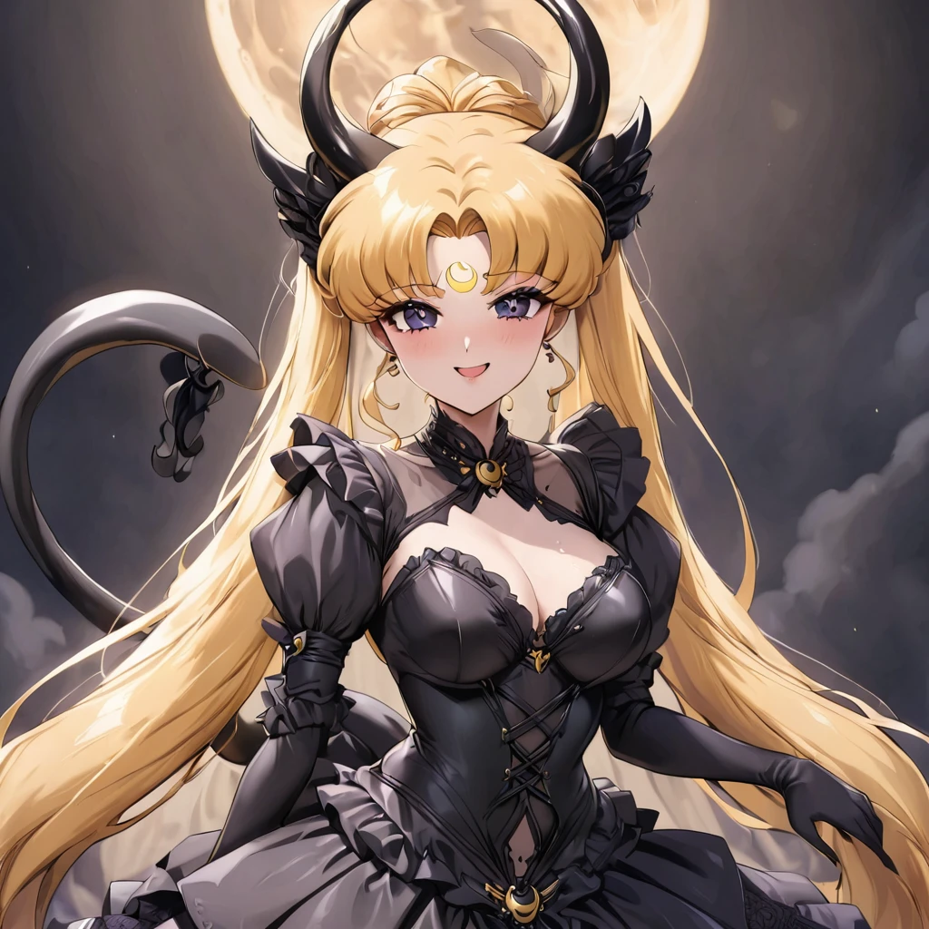 ((Highest quality)), ((masterpiece)), (detailed), (Perfect Face)、The woman is the Dark Queen of the Black Moon of the Black Moon Clan, the Demon Queen Black Serenity, and the woman is the sexy, jet-black-skinned demon princess Serenity.、The woman is a jet-black female demon with magnificent devil horns, jet-black devil wings, and a jet-black tail. Her skin is jet-black, and she has a black inverted crescent moon mark on her forehead. She is a devil bride wearing a gorgeous black Gothic Victorian wedding dress and a black wedding veil. She is the jet-black demon Princess Serenity, and has blonde hair with a happy expression as she looks at the camera.2The expression of a girl in love with her long hair tied up、Woman is Black Serenity、Punishment pose on behalf of the moon