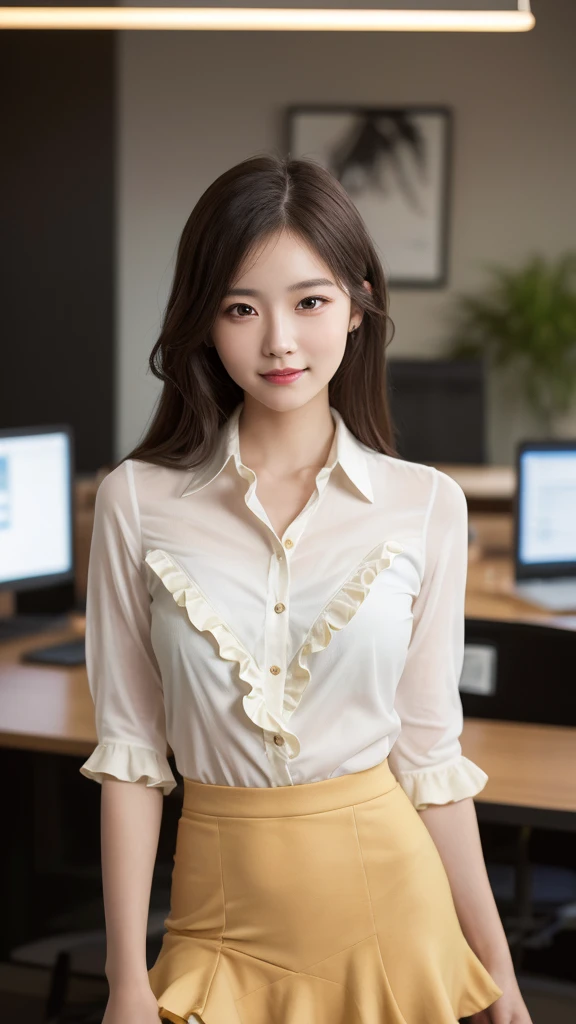 (1girl), (round eyes:1.2), (highly detailed face and eyes), smile, Amazing face and eyes, (frills shirt:1.3), (Best Quality:1.4), (Ultra-detailed), (extremely detailed CG unified 8k wallpaper), Highly detailed, High-definition raw color photos, Professional Photography, Realistic portrait, Amazing face and eyes, indoors, office, (office lady, casual, No sleeve, mini Skirt:1.3), (A moment of relaxation), model, depth of fields, (fine face:1.2),