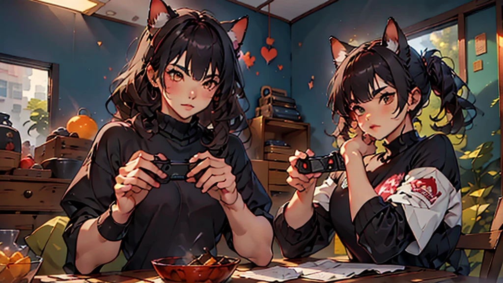 (Junkotvv a girl con orejas de gato) and (neocruz a boy con barba y sin orejas de gato), ((playing video games together in a room full of 80s style anime and posters in neon tones with video game controllers in their hands and enjoying))