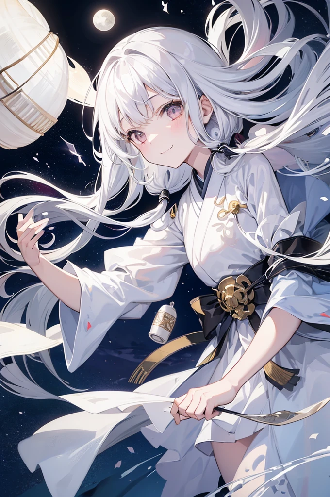 1girl, ghost girl, silver hair, white eyes, white skin, smile, long hair, flies, levitates in the air, white sheet, white cape, ghost, ghostly, translucent, holds a lantern, japanese lantern, holds a cup, tea, glass cup, glass teapot, tea, night, the moon, objects are flying