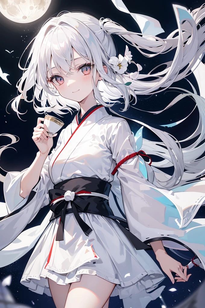 1girl, ghost girl, silver hair, white eyes, white skin, smile, long hair, flies, levitates in the air, white sheet, white cape, ghost, ghostly, translucent, holds a lantern, japanese lantern, holds a cup, tea, glass cup, glass teapot, tea, night, the moon, objects are flying