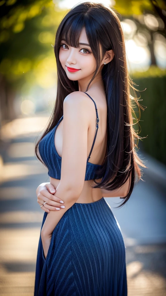 (((A real beauty))), RAW Photos, Black Hair、folder、Round eyes、False eyelashes、Straight Hair, Wavy Hair、correct、Crimson lipstick、Striped Hair、Brown Hair、Blue Hair、(Gradient Hair)、Asymmetrical Hair、Hair behind the ear、Crossed bangs、Long Hair、((お尻までLong Hair))、Long Hair、Straight bangs、Smooth, silky hair、Hair up on one side、とんでもなくLong Hair、Light brown eyes、Ring Eye、Round eyes、Wicked Smile、A light smile、Cast a Shadow、(Extraordinary presence)、Atmospheric perspective、Backlight、Exposure、Lens flare、、最high quality、超High resolution、超High resolution、Very realistic, masterpiece、correct、Textured skin、high quality、最high quality、Awards、32k, 髪のfolder、Cunning、（A slight smile）、Shy laugh、Redness in the ears、correct、Subjective、Shine、360° View、Very detailed、超High resolution、解剖学的にcorrect、masterpiece、Emphasize the chest、High resolution、High detail、Long eyelashes、A slight blush、Compensate, (((Full Body Shot)))、（Hands on hips）、Captivating pose、Shooting from a distance、Various angles of view、Sony FE、Hair blowing in the wind、