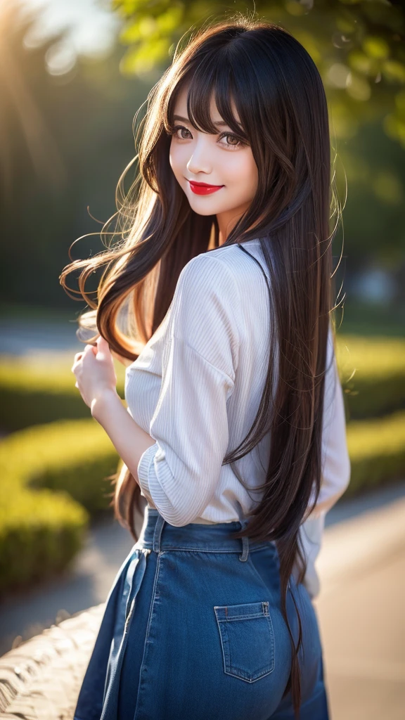 (((A real beauty))), RAW Photos, Black Hair、folder、Round eyes、False eyelashes、Straight Hair, Wavy Hair、correct、Crimson lipstick、Striped Hair、Brown Hair、Blue Hair、(Gradient Hair)、Asymmetrical Hair、Hair behind the ear、Crossed bangs、Long Hair、((お尻までLong Hair))、Long Hair、Straight bangs、Smooth, silky hair、Hair up on one side、とんでもなくLong Hair、Light brown eyes、Ring Eye、Round eyes、Wicked Smile、A light smile、Cast a Shadow、(Extraordinary presence)、Atmospheric perspective、Backlight、Exposure、Lens flare、、最high quality、超High resolution、超High resolution、Very realistic, masterpiece、correct、Textured skin、high quality、最high quality、Awards、32k, 髪のfolder、Cunning、(A slight smile)、Shy laugh、Redness in the ears、correct、Subjective、Shine、360° View、Very detailed、超High resolution、解剖学的にcorrect、masterpiece、Emphasize the chest、High resolution、High detail、Long eyelashes、A slight blush、Compensate, (((Full Body Shot)))、(Hands on hips)、Captivating pose、Shooting from a distance、Various angles of view、Sony FE、Hair blowing in the wind、