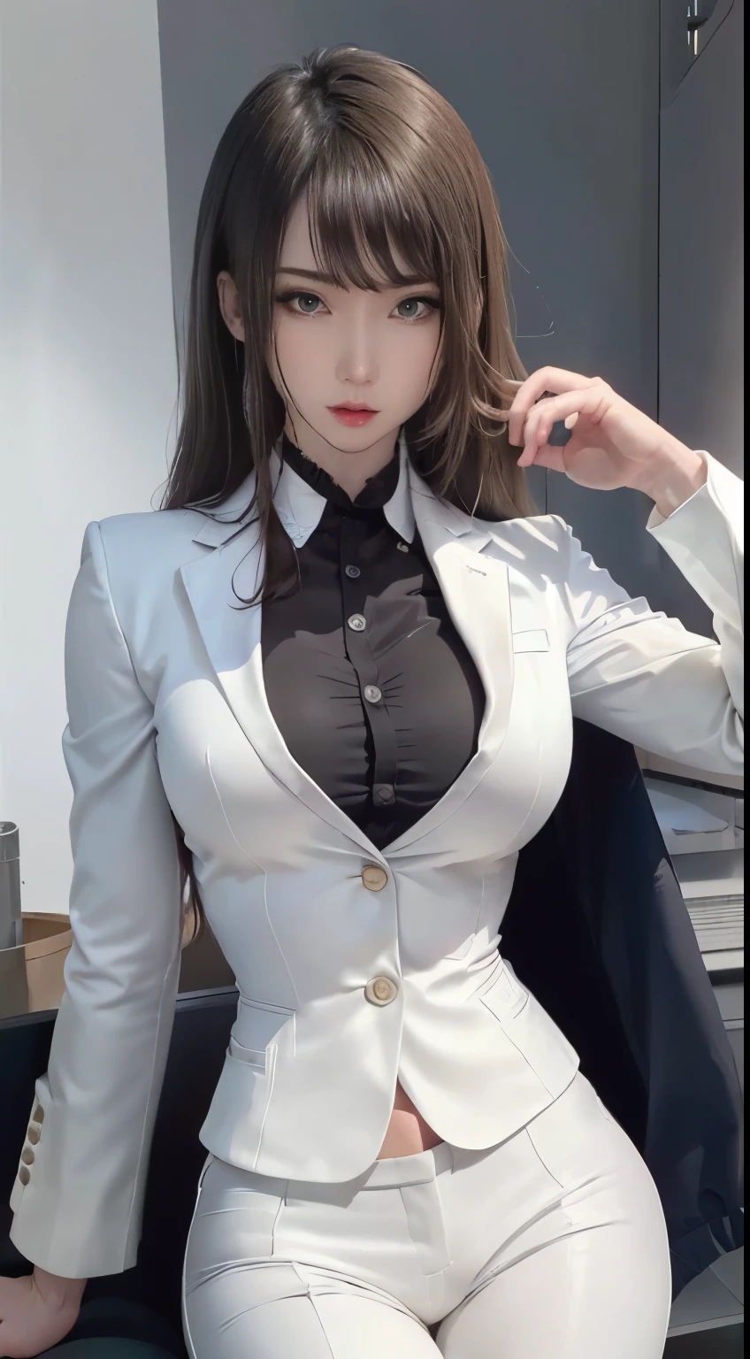 Spread your legs、Glowing White Skin、(Serious expression:1.5), (White business suit, pants suit:1.4), (((Looks like a whole body)))、((Masseter muscle area))、 Highly detailed face and eyes,Long, slender legs, Black Hair, Straight Long Hair, Big Breasts