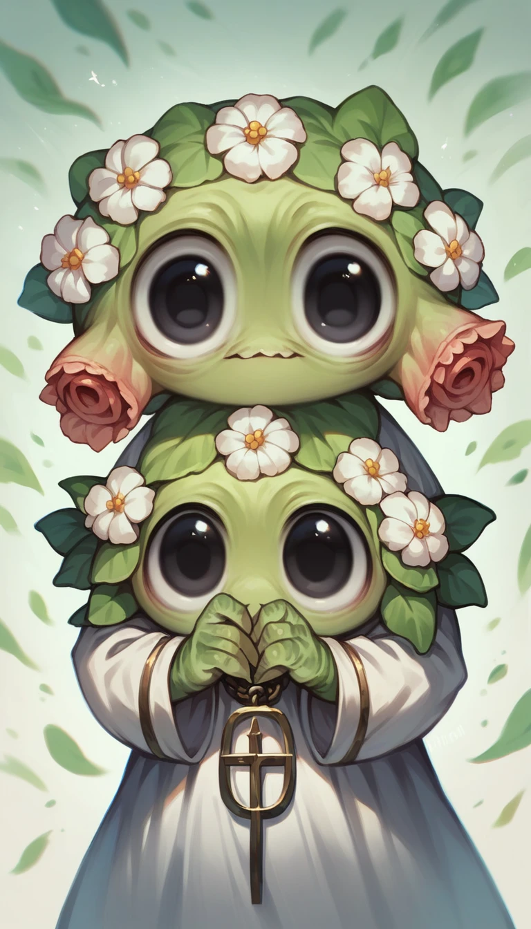 (Cute flower monster:1.5), (Cestrum nocturnum in her head:1.2), big eyes, full black eyes, cleric outfit