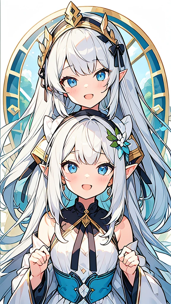 ((Highest quality)), ((masterpiece)), (detailed), One girl, The background is nature、The weather was sunny.、Silver hair straight long hair、Half Up、Parallel thin eyebrows、Double droopy eyes、Thin lips、Small nose、Blue Eyes、Long eyelashes、Delicate appearance、Illustration seen from the front、A big smile with an open mouth、White dress、Fantastic illustrations、Highlights are 7 colors、The light is on my face、Illustration of eyes matching the viewer、Elf、For delivery、Character portrait、whole body、Illustration of toes、