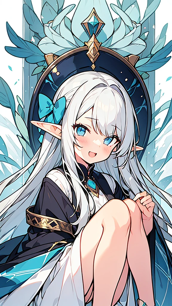 
((Highest quality)), ((masterpiece)), (detailed), One girl, The background is nature、The weather was sunny.、Silver hair straight long hair、Half Up、Parallel thin eyebrows、Double droopy eyes、Thin lips、Small nose、Blue Eyes、Long eyelashes、Delicate appearance、Illustration seen from the front、A big smile with an open mouth、White dress、Fantastic illustrations、Highlights are 7 colors、The light is on my face、Illustration of eyes matching the viewer、Elf、For delivery、Character portrait、whole body、Illustration of toes、