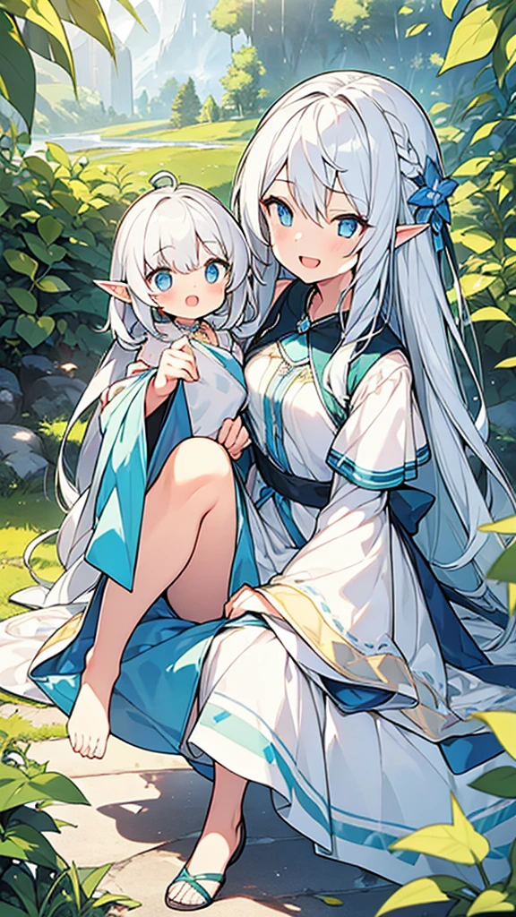 ((Highest quality)), ((masterpiece)), (detailed), One girl, The background is nature、The weather was sunny.、Silver hair straight long hair、Half Up、Parallel thin eyebrows、Double droopy eyes、Thin lips、Small nose、Blue Eyes、Long eyelashes、Delicate appearance、Illustration seen from the front、A big smile with an open mouth、White dress、Fantastic illustrations、Highlights are 7 colors、The light is on my face、Illustration of eyes matching the viewer、Elf、For delivery、Character portrait、whole body、Illustration of toes、