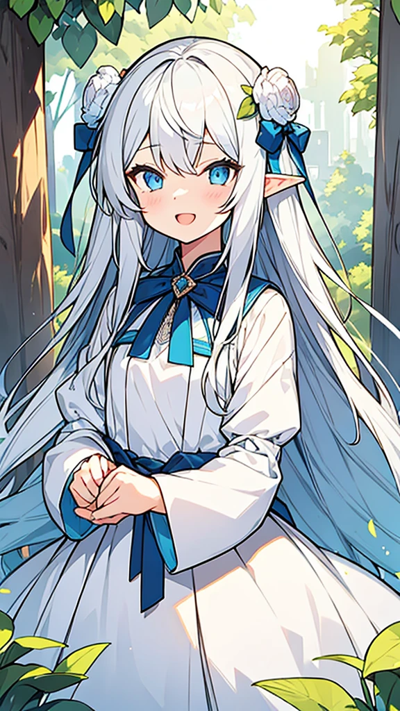((Highest quality)), ((masterpiece)), (detailed), One girl, The background is nature、The weather was sunny.、Silver hair straight long hair、Half Up、Parallel thin eyebrows、Double droopy eyes、Thin lips、Small nose、Blue Eyes、Long eyelashes、Delicate appearance、Illustration seen from the front、A big smile with an open mouth、White dress、Fantastic illustrations、Highlights are 7 colors、The light is on my face、Illustration of eyes matching the viewer、Elf、For delivery、Character portrait、whole body、Illustration of toes、