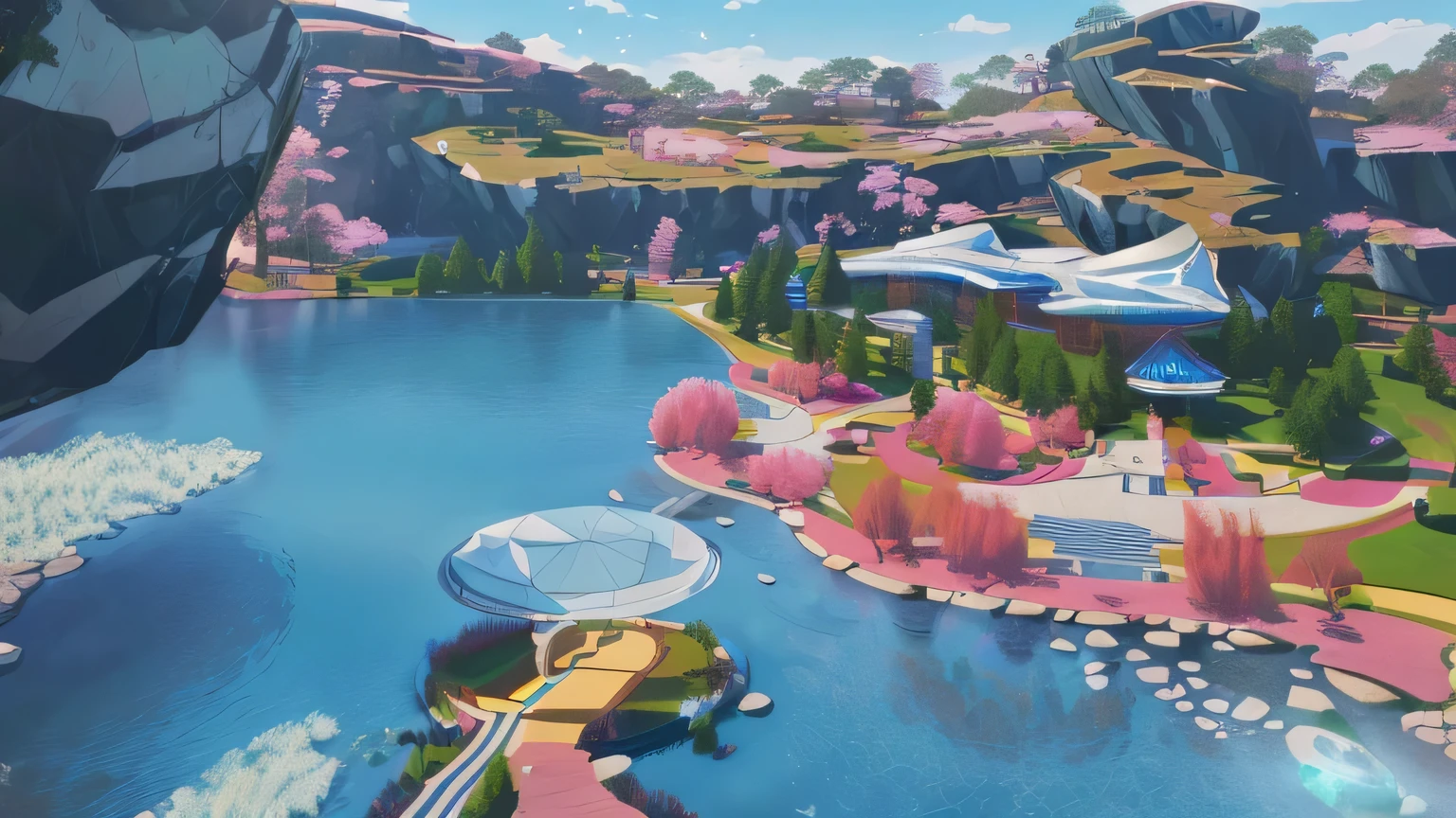 A modern park,There is a circle of rocks around,Pink fantasy grass,There is a clear lake in the center,Surrounded by fantasy-style trees and plants。Realistic style,Real light,Authentic materials