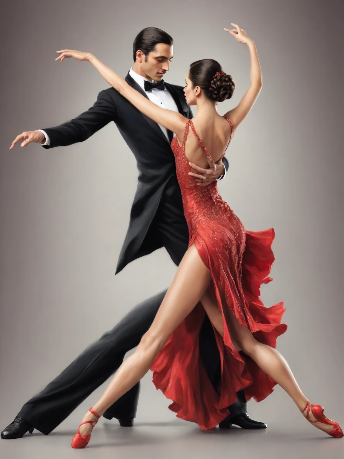 Color photograph of a beautiful artwork illustration, (portrait composition:1.5), couple of ballroom dancers dancing together, Beautiful woman in red dress, Latina,highly detailed face,Perfect Makeup, long legs, low back cut, BREAK goodlooking man, high, black tuxedo, BREAK ((Best quality)), ((masterpiece)), (detailed), dancing tango