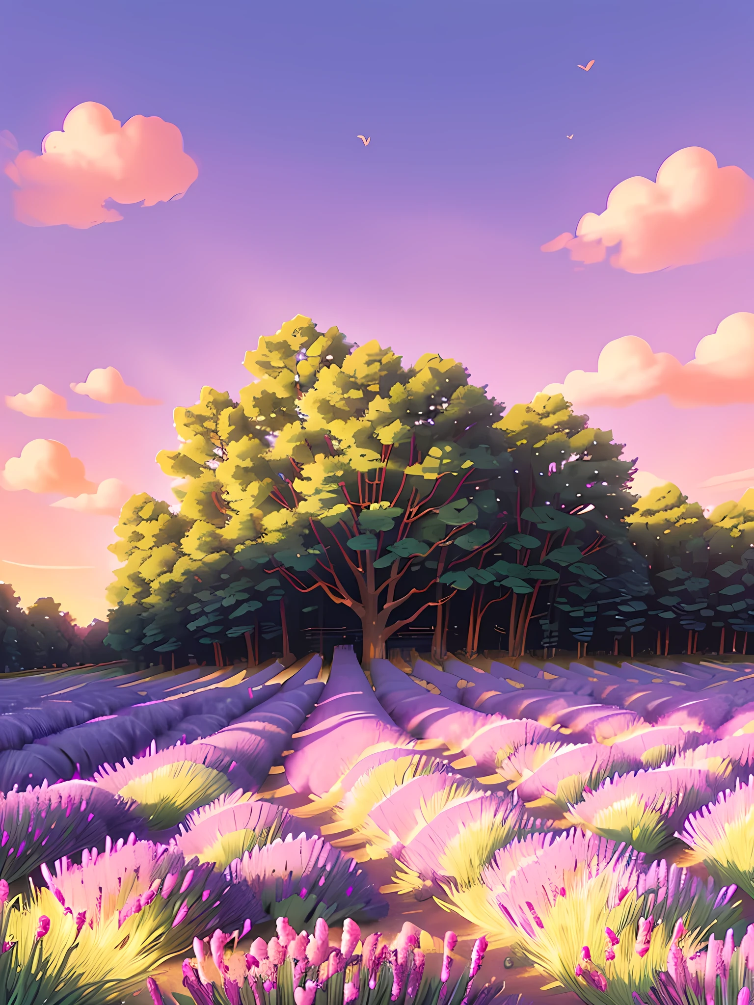 a deep purple lavender land, highly detailed scenery view with sunset vibes, lavender field with shining sun rays, ultra detailed vibrant Ghibli studio colors, Ghibli studio aesthetic vibes