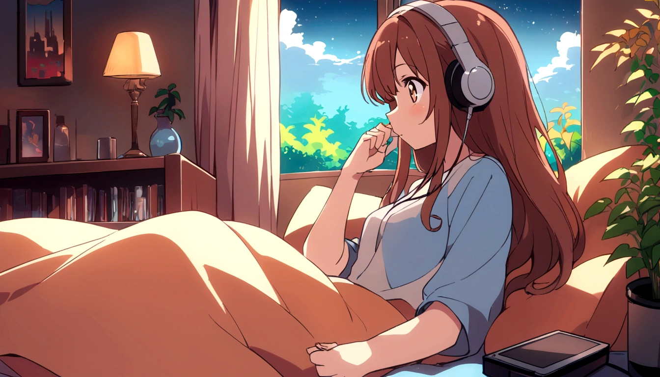 Keywords : masterpiece, best quality, movie stills, one girl, girl in clouds, happy, warm soft lighting, night sky, listening to music on headphones in room bed, long hair girl, big eyes, profile, summer,illustration style